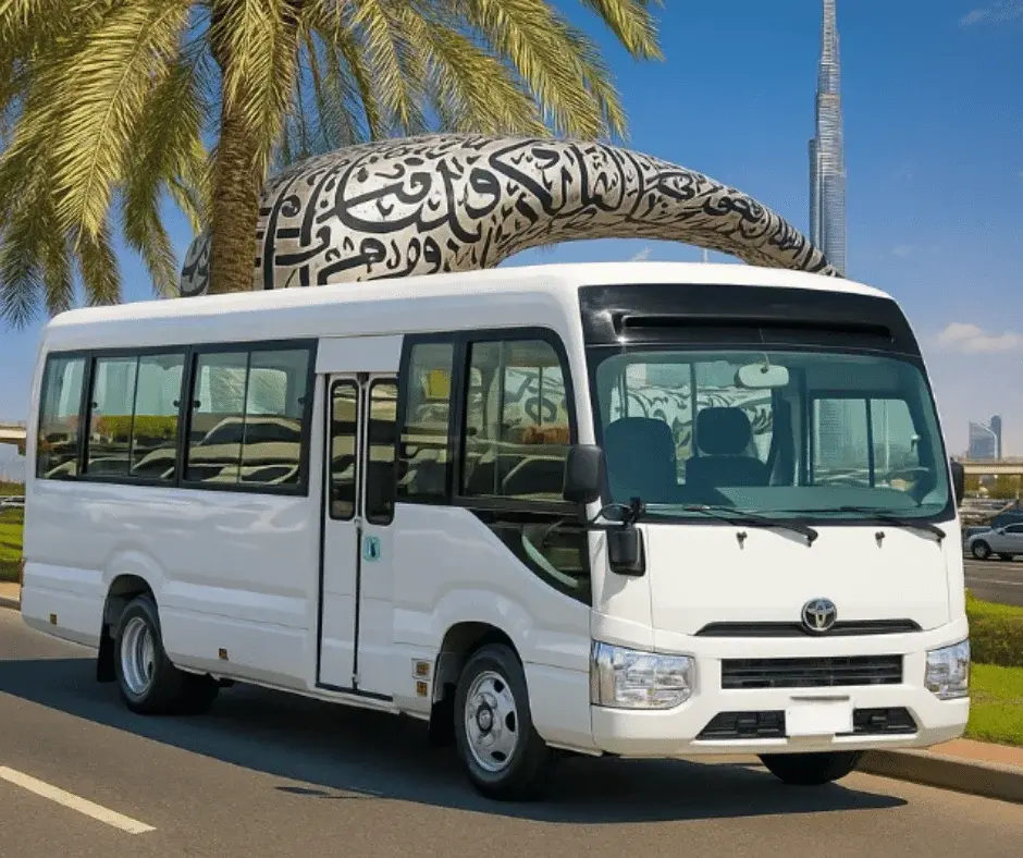 20 Seater Mini Bus Rental in Dubai for group travel, airport transfers, tours, and staff transport with spacious seating and reliable service