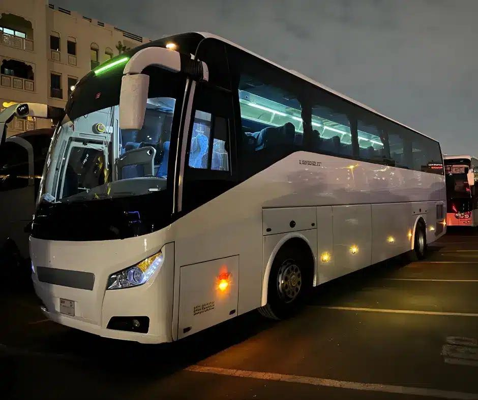A 50-seater luxury bus available for rent in Dubai, perfect for schools, tour groups, and corporate events, offering spacious and comfortable travel for large groups.