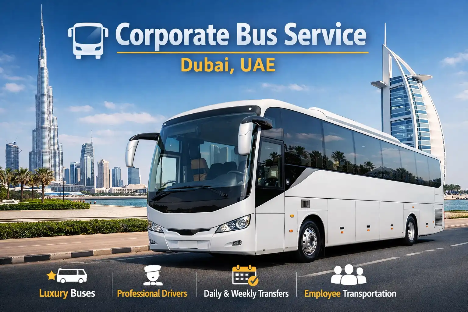 Alt Text: Corporate bus transport solution in Dubai providing comfortable and reliable staff transportation services